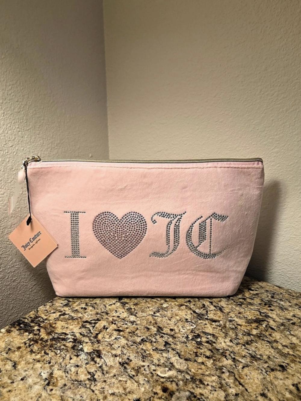 Juicy Couture I Love JC Rhinestone Velour Cosmetic Pouch Pink